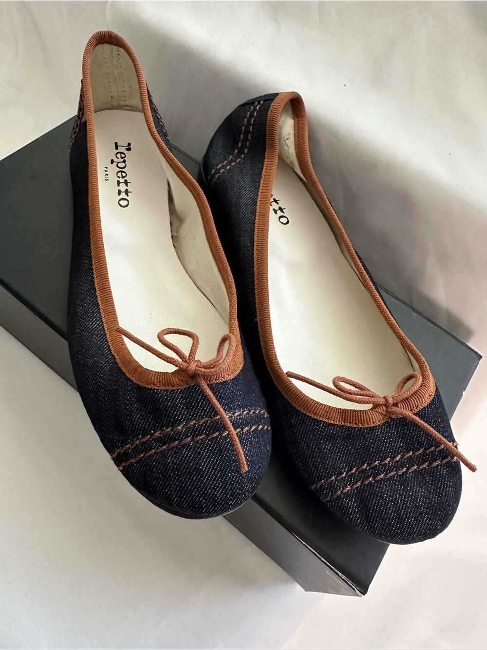 Repetto Denim Ballet Flats with Brown Trim and Bow